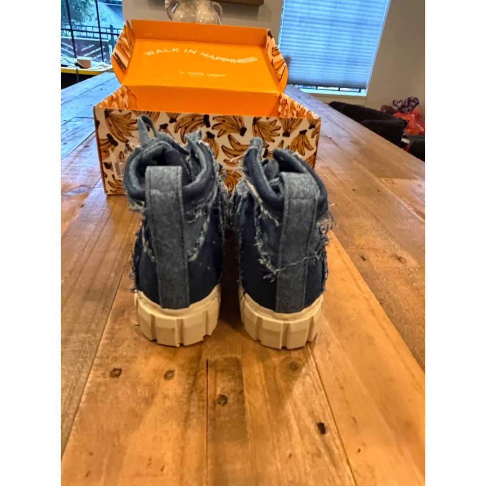 Farm Rio Patchwork Denim High Top Sneakers Blue Distressed Platform Vegan Shoes - Picture 8 of 11